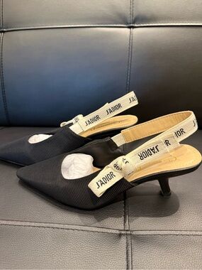 Black Pointed Slingback Kitten Heels with J'Adior Ribbon